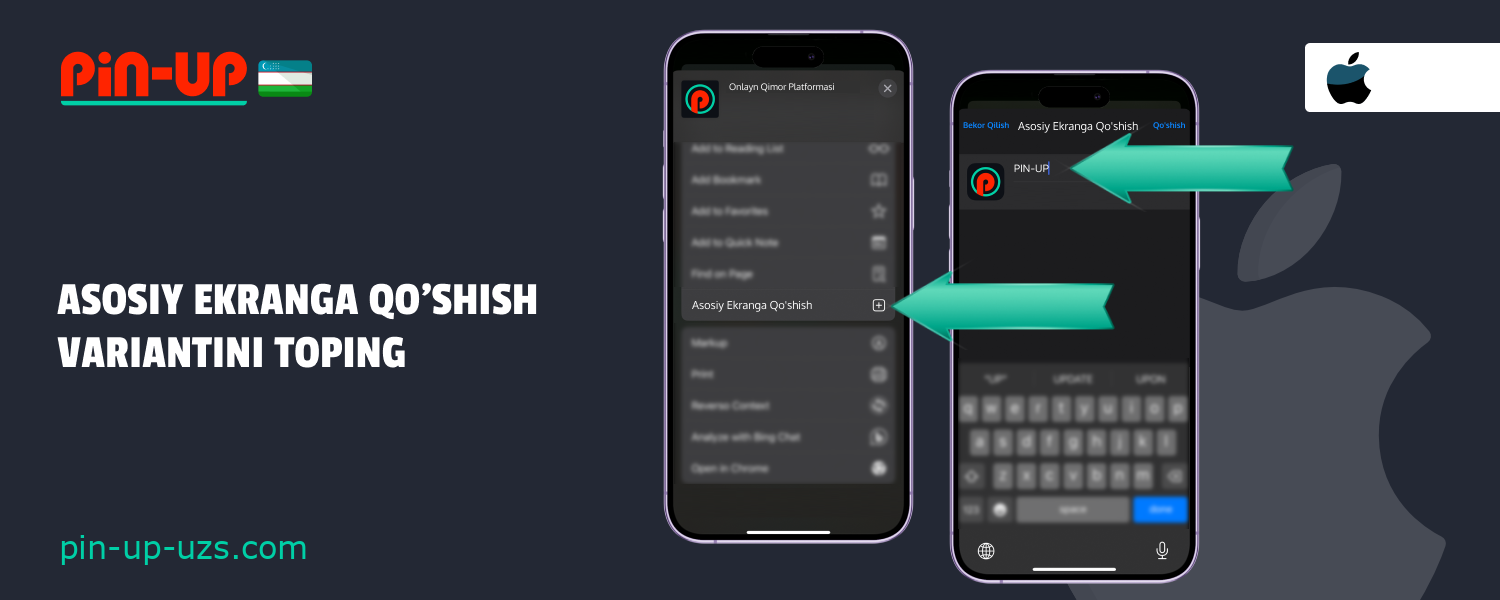 "Bosh ekranga qo'shish" ni toping va Pin Up ilovasi yorlig'i uchun nom toping
